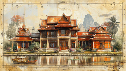 a construction blueprint in an exploded schematic style depicting instructions how to create the Ancient Thai style house, 1820s era,generative ai - obrazy, fototapety, plakaty