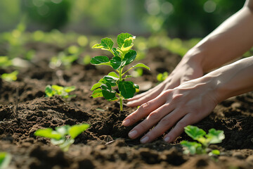 Close Up of hands of people planting trees, environmental conservation concept, love the earth.