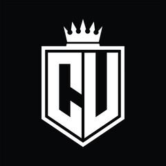 CU Logo monogram bold shield geometric shape with crown outline black and white style design