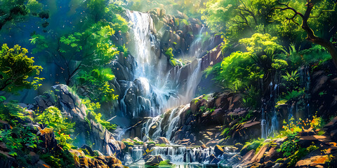 Beautiful waterfall scenery A I generate - obrazy, fototapety, plakaty