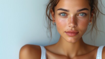 Fototapeta premium A close-up of a woman's face with freckles., The beauty of a young lady with blue eyes and red lips., A portrait of a girl with her hair in a messy bun.,