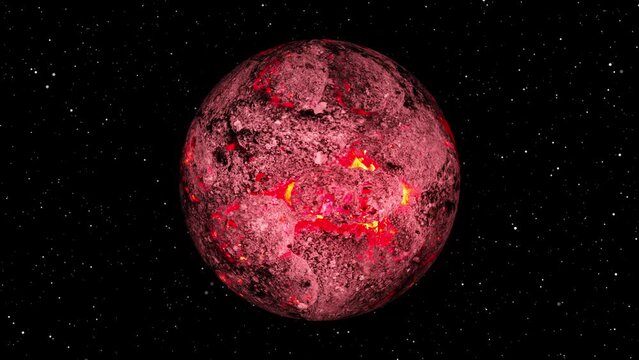 Animation of Lava planet seen from space, Realistic Lava planet Rotates on space or galaxy and stars milky way .