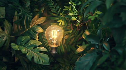 bright Light bulb with home green leaves and plants, for the concept of renewable clean energy and saving electricity bill cost using sustainable resources and consumption data