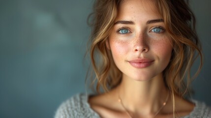 A Smiling Woman with Blue Eyes, The Beauty of a Young Lady, Glowing Skin and Sparkling Eyes, A Close-Up of a Pretty Face.