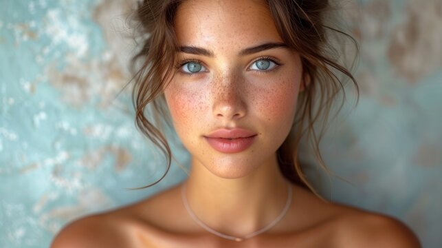 A close-up of a woman's face with blue eyes., A young woman looking at the camera with her hair in a bun., A beautiful girl wearing a necklace and starring into the distance., 