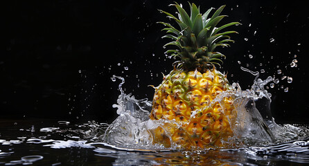 Tropical fruit pineapple on a black background with splashes of water