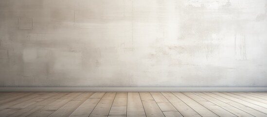 Fototapeta premium The room is characterized by its white cement wall and old wooden floor, creating a minimalist and spacious environment.