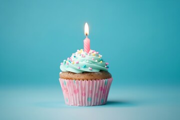 Cupcake with lit candle to celebrate Birthday
