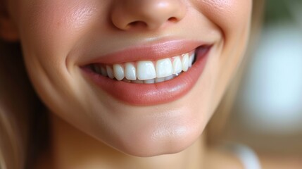 Obraz premium Smiling Beauty, Glowing Skin and Teeth, Pearly White Smile, Radiant Woman with a Bright Smile.