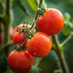 Ripe fresh tomatoes on a branch. Organic and eco-friendly vegetable harvest