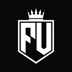 FV Logo monogram bold shield geometric shape with crown outline black and white style design