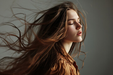Wind-blown Beauty: A Captivating Portrait of a Young Attractive Woman with Long Brunette Hair, Embracing a Carefree Lifestyle in a Studio Setting