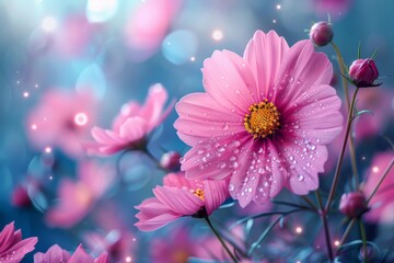 A close-up of a vibrant pink cosmos flower adorned with dew drops, against a fantasy starry background evoking wonder and delicacy