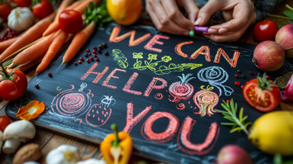 text "WE CAN HELP YOU" draw with colorful chalk on blackboard with business elements,generative ai