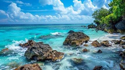 islands rock bay with ocean waves Travel paradise fresh turquoise blue sea view  - obrazy, fototapety, plakaty
