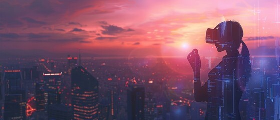 A person immersed in a virtual reality experience, with the city skyline at sunset seamlessly blending into the digital interface of the VR headset