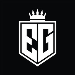 EG Logo monogram bold shield geometric shape with crown outline black and white style design