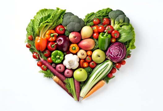 Healthy food, vegetables in shape of heart on white background