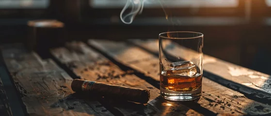 Poster A glass with whiskey and a cigar next to it on a beautiful wooden table with a beautiful background with space for inscriptions or text © Seksan