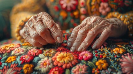 Imparting traditions. Scaled up view on hands of a senior lady sitting next to her grandchild holding a needle and embroidering a very beautiful blossoming. - obrazy, fototapety, plakaty