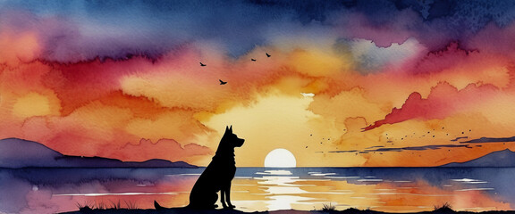 A dog sitting alone by the river at sunset. Silhouette of a black dog. Illustration in watercolor style. Abstract watercolor painting.