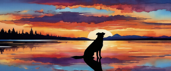 The evening sky with the silhouette of a black dog and a beautiful sunset. The back of a lone dog. Illustration in watercolor style. Abstract watercolor painting.