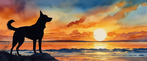 A black silhouette of a dog standing alone on a beach rock. The scenery of the sea with an enchanting sunset. Illustration in watercolor style. Abstract watercolor painting.