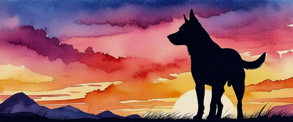 A dog standing alone in a field at sunset. Silhouette of a black dog. Illustration in watercolor style. Abstract watercolor painting.