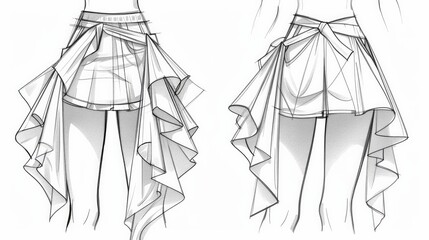 mini shorts skirt fashion drawing, bird eye detail skirt, front and back view, skirt cad, skirt template.