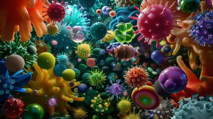A diverse array of vibrant, 3D-rendered microbes and viruses float in a microscopic world, illustrating the complexity of microbiology - obrazy, fototapety, plakaty