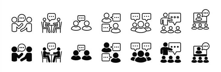 Communication icon set. Containing Discussion, meeting, chat speech bubble, learning, dialogue, online course, comment, conversation, media social message, forum. Vector illustration