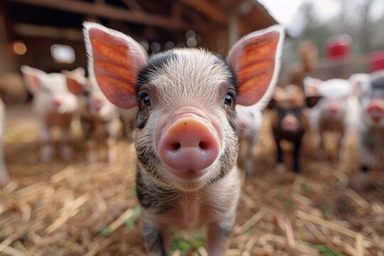 A curious piglet with its snout pointed forward, showcasing farm life and the innocence of young animals