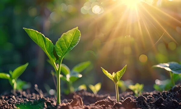 Young sprouts on soil background with sun rays. The concept of growth