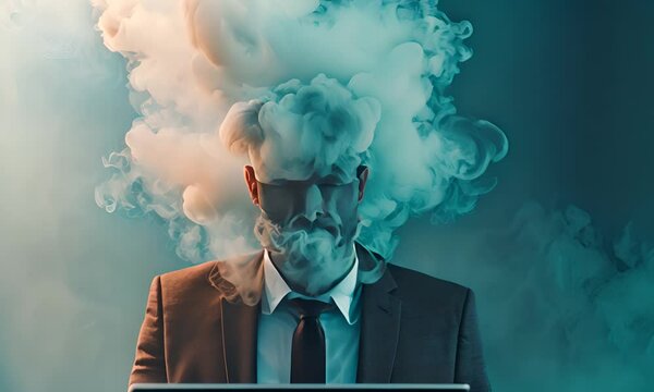 Man in a suit with a smoke-shrouded head looking at a laptop. The concept of information overload.