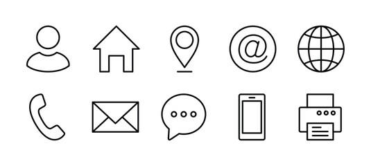 Business card contact information thin line icon set. Containing name, address, location, mail, website, telephone, cell phone, fax for app and website. Vector illustration