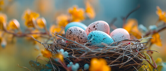 A serene, close-up image of speckled Easter eggs nestled within a cherry blossom branch, symbolizing the blossoming of spring