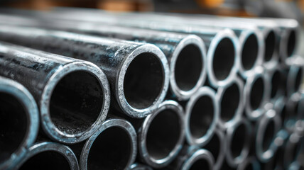 Stack of steel pipes in a metallurgical plant, factory or workshop. Heavy industry and iron materials,generative ai