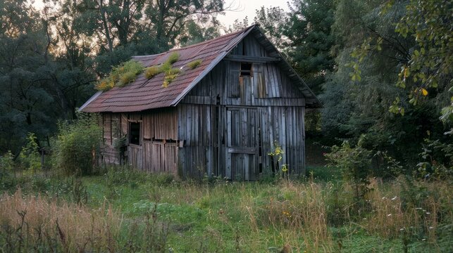 Old barn of planks .Stands on an abandoned plot in the garden.