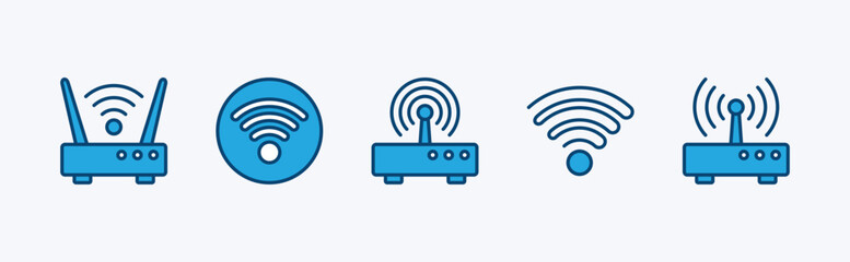 Set of router icon. Containing wireless, wifi signal receiver, button, antenna, modem, and broadband for internet connection. Vector illustration