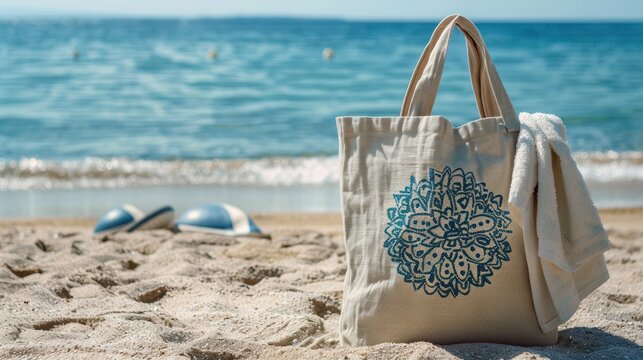 photo of a beach scene higher 45 degree angle with a towel and tote bag in view