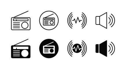 Radio icon set. Electronic devices icons. Containing speaker, sound wave, and radio button. Vector illustration - obrazy, fototapety, plakaty