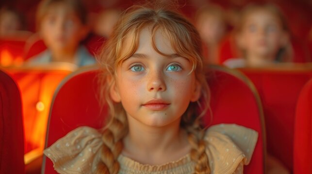 Little Girl Watching Movie, A Young Child in the Theater Seats, Girl with Blue Eyes Looking at Camera, Child in Red Theater Seat.