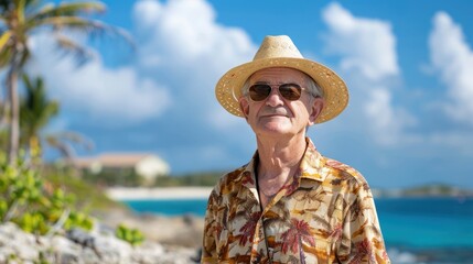 photograph of Federal reserve chairman, Jerome Powell, dressed in a tropical shirt and wearing a straw hat and sunglasses, - obrazy, fototapety, plakaty