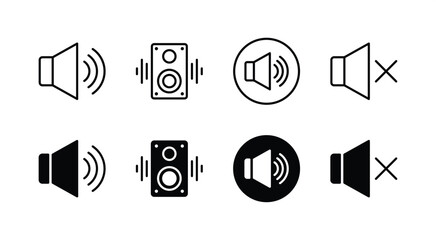 Audio speaker thin line icon set. Containing volume, sound, mute, unmute, loud, loudspeaker, and music button for app and website. Vector illustration - obrazy, fototapety, plakaty