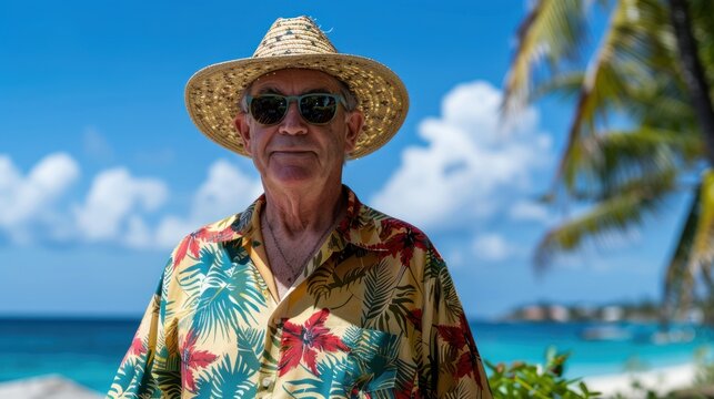 photograph of Federal reserve chairman, Jerome Powell, dressed in a tropical shirt and wearing a straw hat and sunglasses,