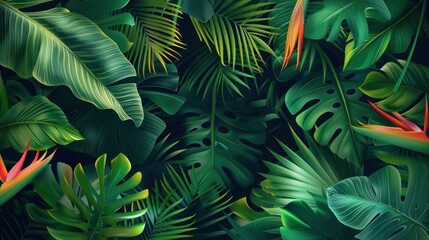Summer Tropical Exotic Leaves Background. 