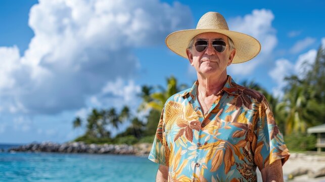 photograph of Federal reserve chairman, Jerome Powell, dressed in a tropical shirt and wearing a straw hat and sunglasses,