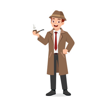 man wearing detective costume and holding smoking pipe