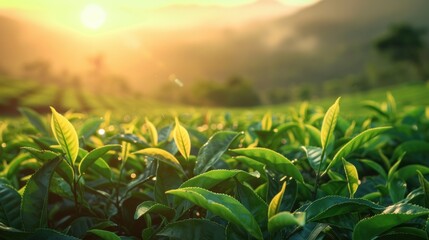 Tea plantation in sunset time. Nature background 