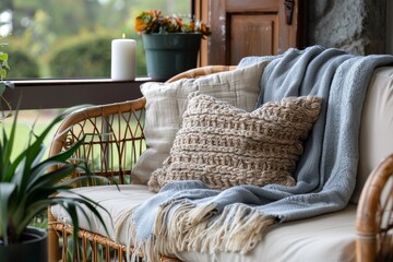 Fototapeta na wymiar A warm inviting scene with a comfy wicker chair adorned with cable knit pillows and a soft throw blanket situated by a rustic window